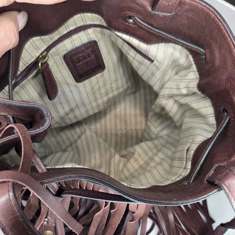 Frye Fringe Leather Hobo Bucket Bag | Boho Western Brown Tassel Purse - Picture 14 of 16